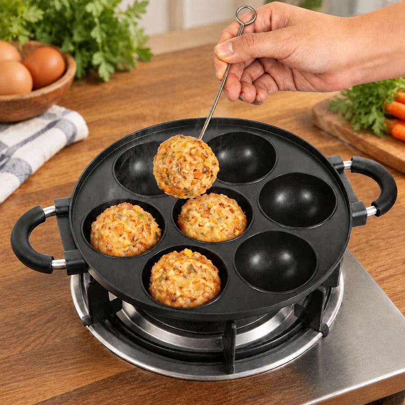 Takoyaki Grill Plate - กระทะทาโกะยากิอะลูมิเนียม 7 ช่อง พร้อมพื้นผิวเคลือบสารกันติด สำหรับอบขนมปังกึ่งทรงกลมที่บ้าน